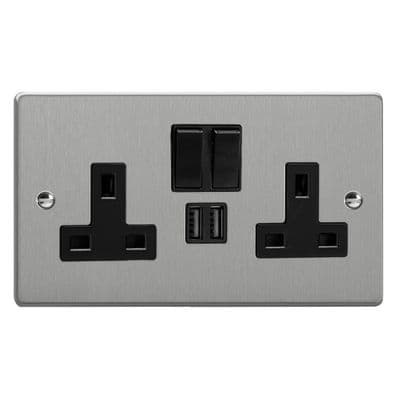 Varilight XDE5U2SB.BS Essential Brushed Steel 2 Gang 13A 2 x USB A Plug Socket