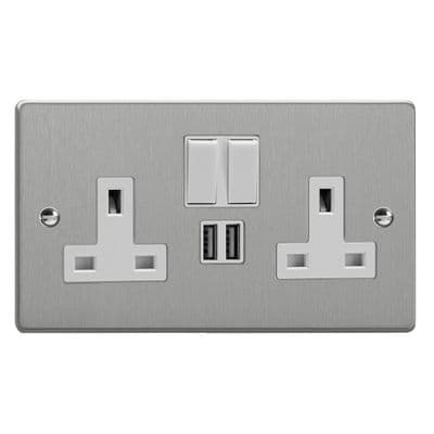 Varilight XDE5U2SW.BS Essential Brushed Steel 2 Gang 13A 2 x USB A Plug Socket