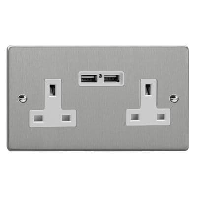 Varilight XDE5U2W.BS Essential Brushed Steel 2 Gang 13A Unswitched USB A Socket