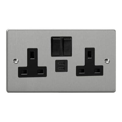 Varilight XDE5U45B.BS Essential Brushed Steel 2 Gang Double 13A Socket + 45W USB C+C