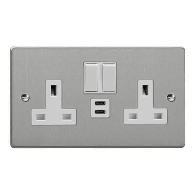 Varilight XDE5U45W.BS Essential Brushed Steel 2 Gang Double 13A Socket + 45W USB C+C