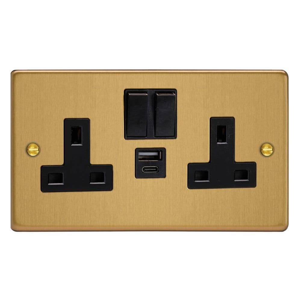 Varilight XDE5UACB BB Essential Brushed Brass 2 Gang 13A USB A C Plug ...