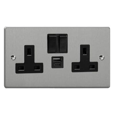 Varilight XDE5UACB.BS Essential Brushed Steel 2 Gang 13A USB A+C Plug Socket