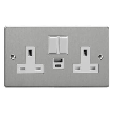 Varilight XDE5UACW.BS Essential Brushed Steel 2 Gang 13A USB A+C Plug Socket