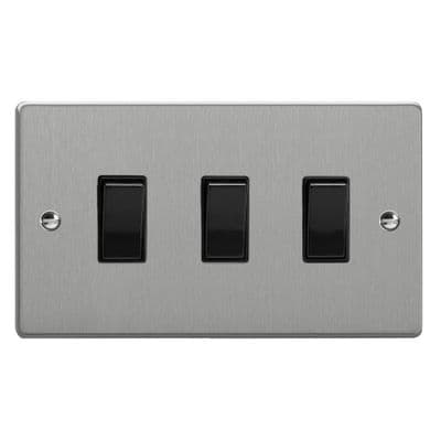 Varilight XDE93B.BS Essential Brushed Steel 3 Gang 10A 1 or 2 Way Rocker Switch (Twin Plate)