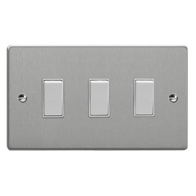 Varilight XDE93W.BS Essential Brushed Steel 3 Gang 10A 1 or 2 Way Rocker Switch (Twin Plate)