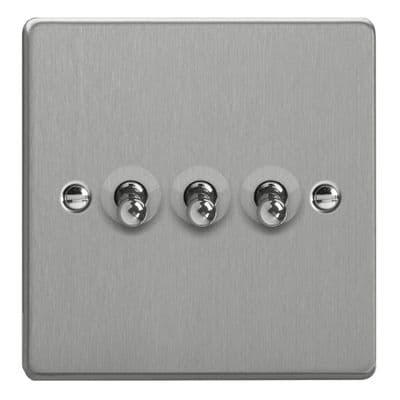 Varilight XDET3.BS Essential Brushed Steel 3 Gang 10A 1 or 2 Way Toggle Switch