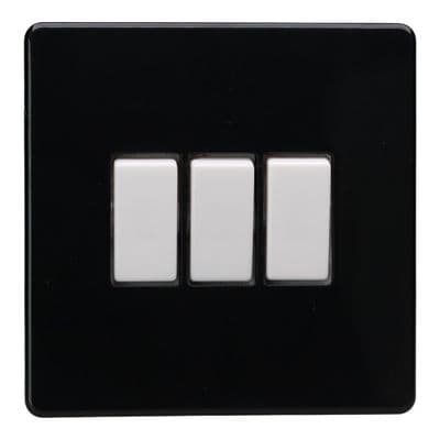 Varilight XDL3WS Screwless Premium Black 3 Gang 10A 1 or 2 Way Rocker Switch
