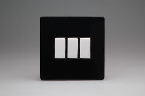 Varilight XDL3WS Screwless Premium Black 3 Gang 10A 1 or 2 Way Rocker Switch