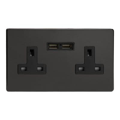 Varilight XDL5U2BS Screwless Premium Black 2 Gang Double 13A Unswitched Plug Socket 2.1A USB