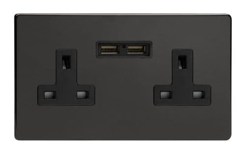 Varilight XDL5U2BS Screwless Premium Black 2 Gang Double 13A Unswitched Plug Socket 2.1A USB