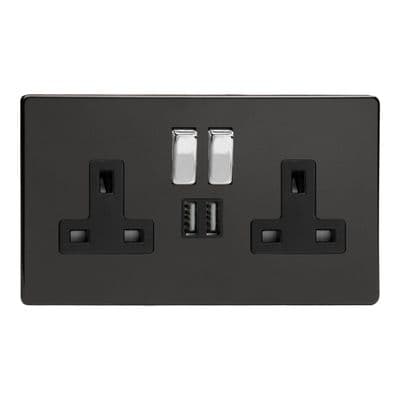 Varilight XDL5U2SBS Screwless Premium Black 2 Gang Double 13A Switched Plug Socket 2.1A USB