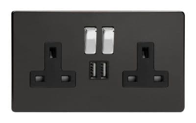 Varilight XDL5U2SBS Screwless Premium Black 2 Gang Double 13A Switched Plug Socket 2.1A USB