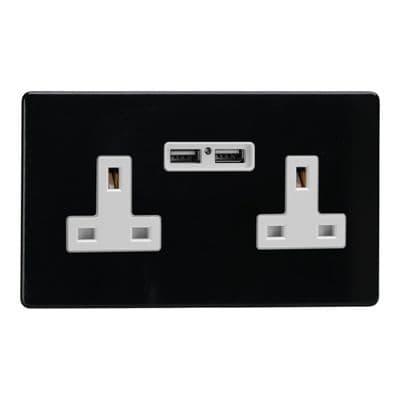 Varilight XDL5U2WS Screwless Premium Black 2 Gang 13A Unswitched USB A Socket