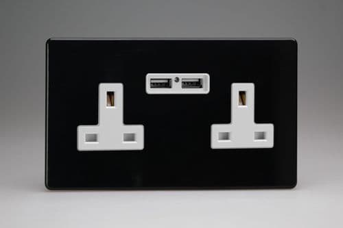 Varilight XDL5U2WS Screwless Premium Black 2 Gang 13A Unswitched USB A Socket