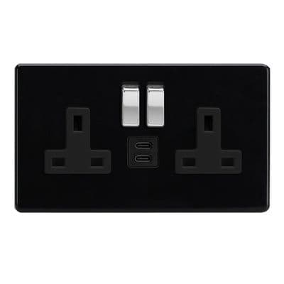 Varilight XDL5U45BS Screwless Premium Black 2 Gang Double 13A Socket + 45W USB C+C