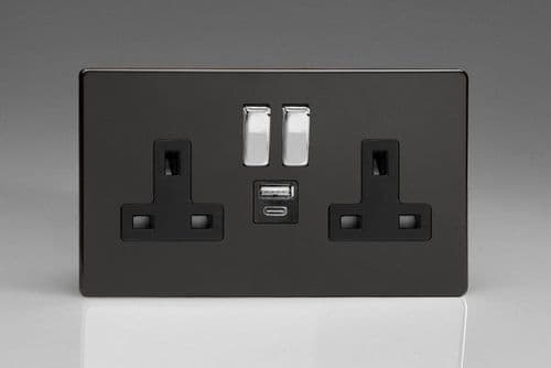 Varilight XDL5UACBS Screwless Premium Black 2 Gang Double 13A Plug Socket 3.1A 20W USB A + C