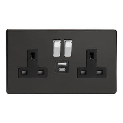 Varilight XDL5UACBS Screwless Premium Black 2 Gang Double 13A Plug Socket 3.1A 20W USB A + C