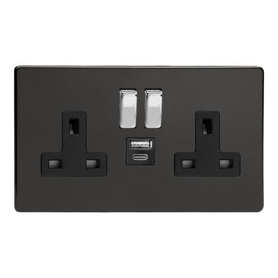 Varilight XDL5UACBS Screwless Premium Black 2 Gang Double 13A Plug Socket 3.1A 20W USB A + C