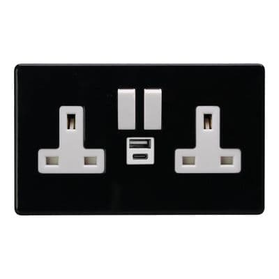 Varilight XDL5UACWS Screwless Premium Black 2 Gang 13A USB A+C Plug Socket