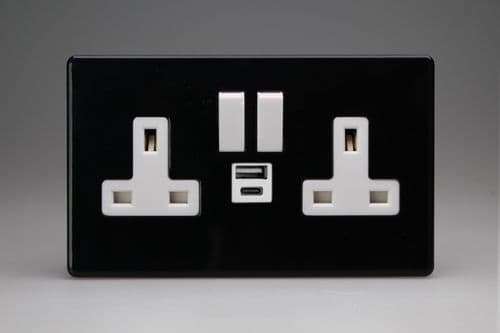 Varilight XDL5UACWS Screwless Premium Black 2 Gang 13A USB A+C Plug Socket