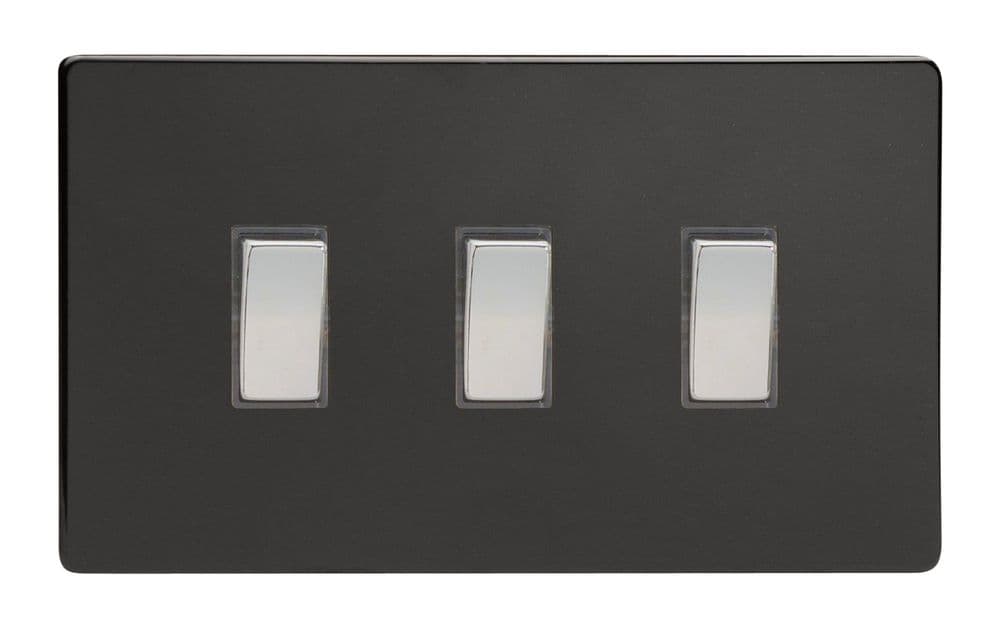 Varilight XDL93S Screwless Premium Black 3 Gang 10A 1 or 2 Way Rocker Light Switch (Twin Plate)