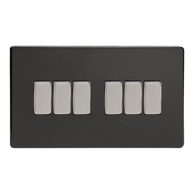 Varilight XDL96S Screwless Premium Black 6 Gang 10A 1 or 2 Way Rocker Light Switch