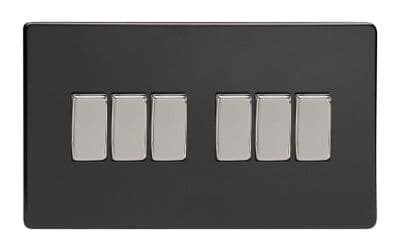 Varilight XDL96S Screwless Premium Black 6 Gang 10A 1 or 2 Way Rocker Light Switch