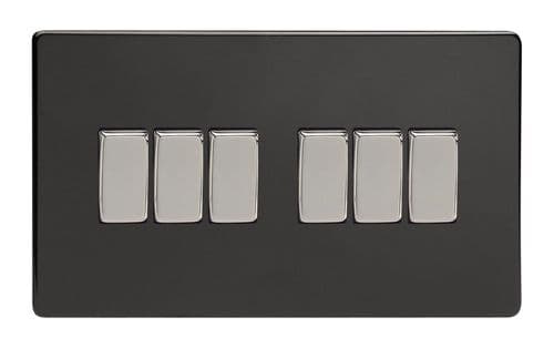 Varilight XDL96S Screwless Premium Black 6 Gang 10A 1 or 2 Way Rocker Light Switch