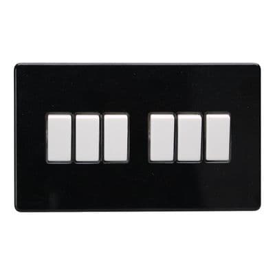 Varilight XDL96WS Screwless Premium Black 6 Gang 10A 1 or 2 Way Rocker Switch