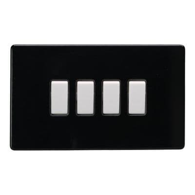 Varilight XDL9WS Screwless Premium Black 4 Gang 10A 1 or 2 Way Rocker Switch