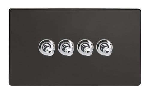 Varilight XDLT9S Screwless Premium Black 4 Gang 10A 1 or 2 Way Toggle Light Switch