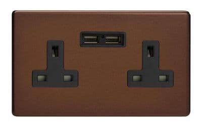 Varilight XDM5U2BS Screwless Mocha 2 Gang Double 13A Unswitched Plug Socket 2.1A USB
