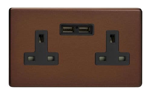 Varilight XDM5U2BS Screwless Mocha 2 Gang Double 13A Unswitched Plug Socket 2.1A USB