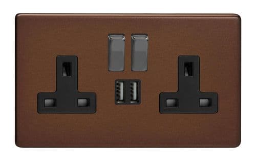 Varilight XDM5U2SBS Screwless Mocha 2 Gang Double 13A Switched Plug Socket 2.1A USB