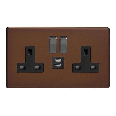 Varilight XDM5U45BS Screwless Mocha 2 Gang Double 13A Socket + 45W USB C+C