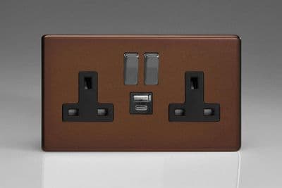 Varilight XDM5UACBS Screwless Mocha 2 Gang Double 13A Plug Socket 3.1A 20W USB A + C