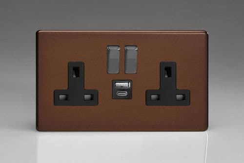 Varilight XDM5UACBS Screwless Mocha 2 Gang Double 13A Plug Socket 3.1A 20W USB A + C
