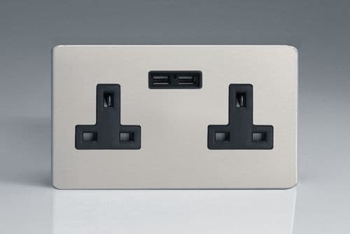 Varilight XDN5U2BS Screwless Satin Chrome 2 Gang Double 13A Unswitched Plug Socket 2.1A USB