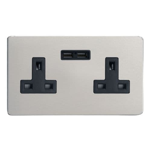 Varilight XDN5U2BS Screwless Satin Chrome 2 Gang Double 13A Unswitched Plug Socket 2.1A USB
