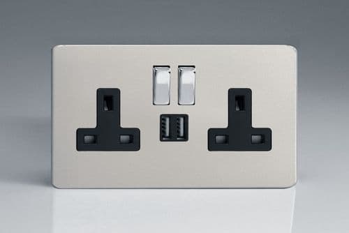 Varilight XDN5U2SBS Screwless Satin Chrome 2 Gang Double 13A Switched Plug Socket 2.1A USB