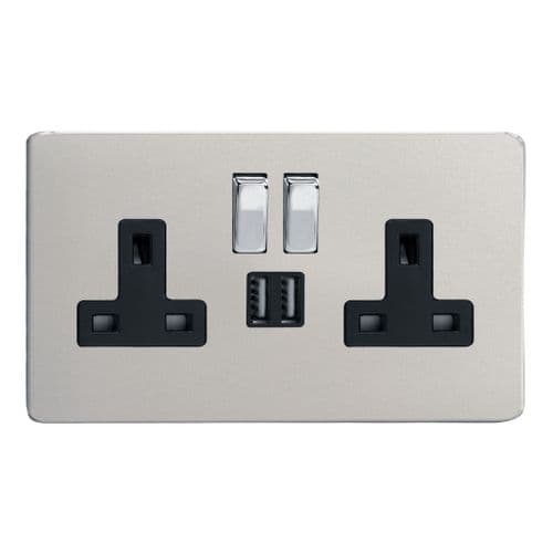 Varilight XDN5U2SBS Screwless Satin Chrome 2 Gang Double 13A Switched Plug Socket 2.1A USB