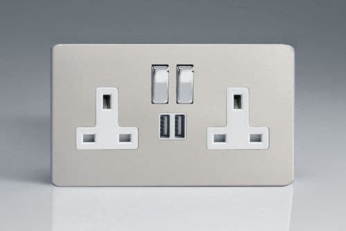 Varilight XDN5U2SWS Screwless Satin Chrome 2 Gang Double 13A Switched Plug Socket 2.1A USB