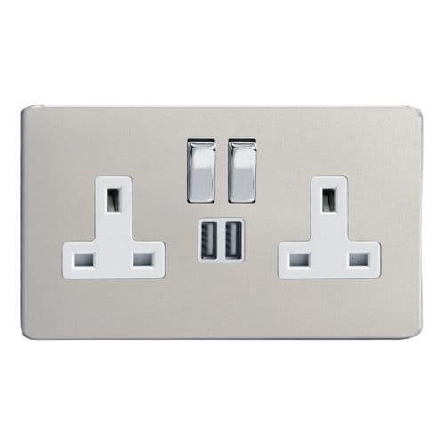 Varilight XDN5U2SWS Screwless Satin Chrome 2 Gang Double 13A Switched Plug Socket 2.1A USB