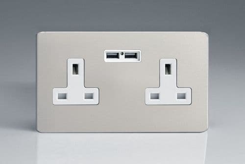 Varilight XDN5U2WS Screwless Satin Chrome 2 Gang Double 13A Unswitched Plug Socket 2.1A USB