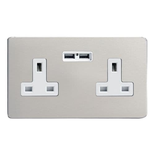 Varilight XDN5U2WS Screwless Satin Chrome 2 Gang Double 13A Unswitched Plug Socket 2.1A USB