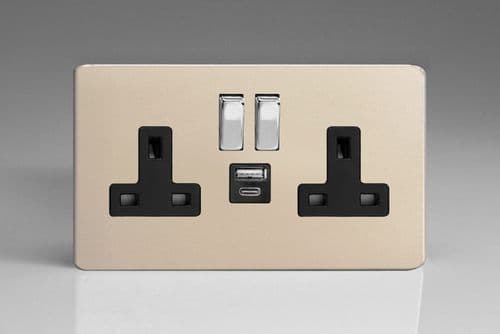 Varilight XDN5UACBS Screwless Satin Chrome 2 Gang Double 13A Plug Socket 3.1A 20W USB A + C