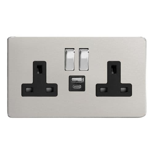 Varilight XDN5UACBS Screwless Satin Chrome 2 Gang Double 13A Plug Socket 3.1A 20W USB A + C