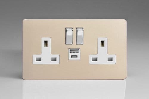 Varilight XDN5UACWS Screwless Satin Chrome 2 Gang Double 13A Plug Socket 3.1A 20W USB A + C