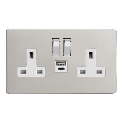 Varilight XDN5UACWS Screwless Satin Chrome 2 Gang Double 13A Plug Socket 3.1A 20W USB A + C